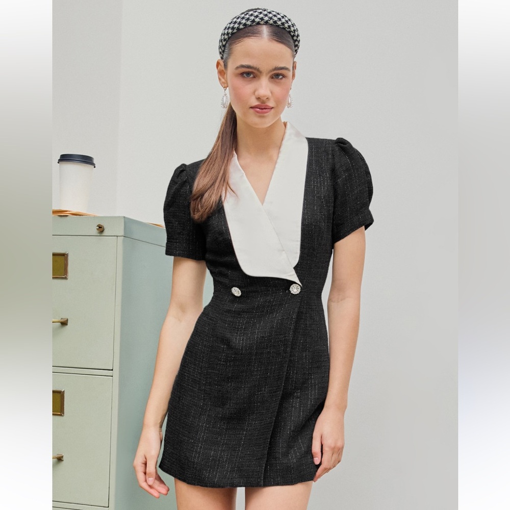 CIDER Tweed Collar Button Mini Dress Sparkly Glitter Women’s Size XL Black Ivory